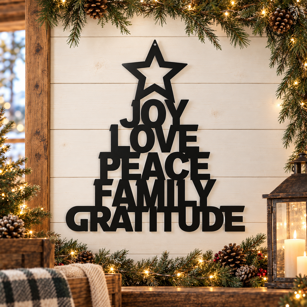 Joy Love Peace Family Gratitude Christmas Tree Metal Sign
