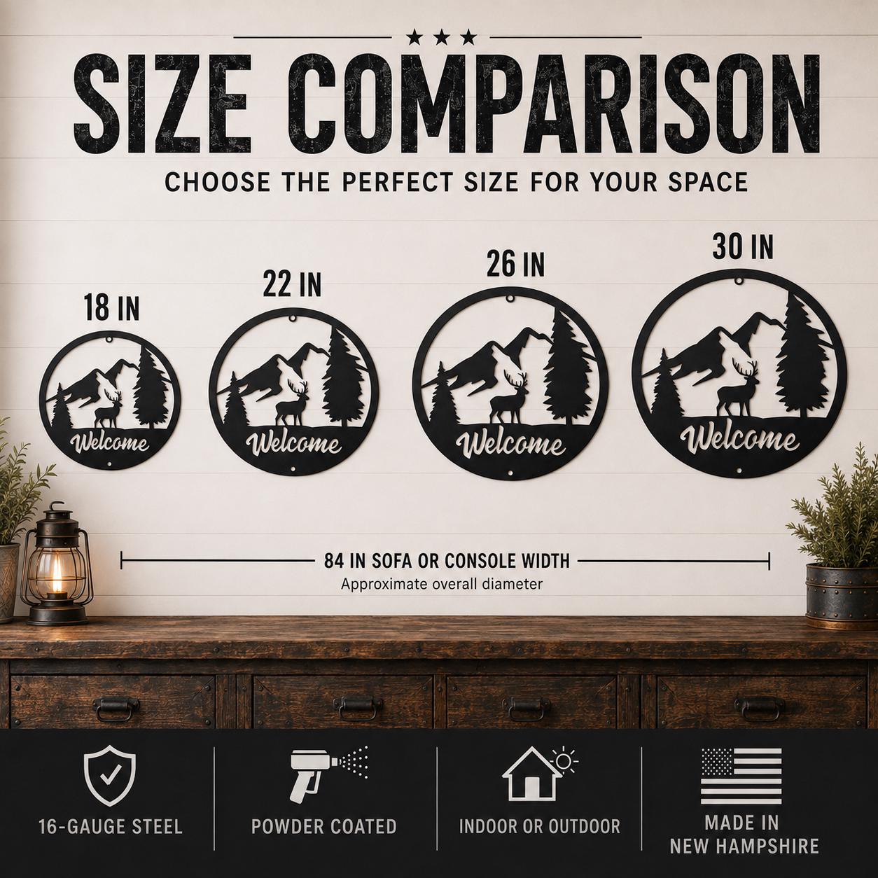 Size comparison chart showing four circular metal wall signs with mountain and tree silhouettes and the word 'Welcome' in different diameters: 18 in, 22 in, 26 in, and 30 in. The signs are displayed above a wooden console table, with text stating 'SIZE COMPARISON' and additional product feature icons at the bottom.