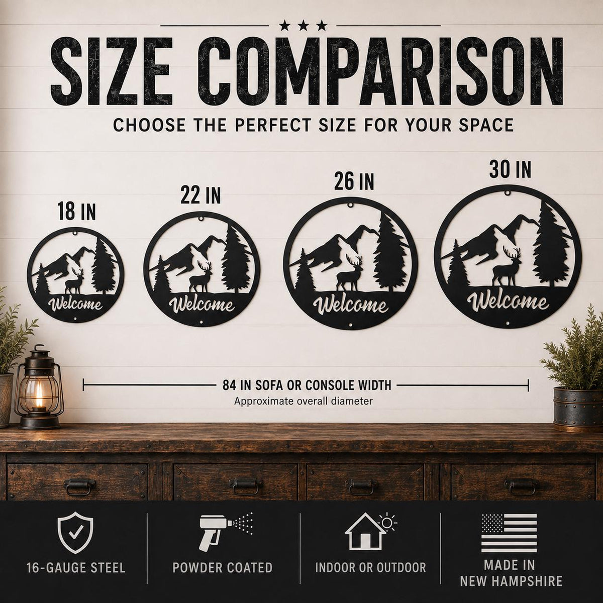 Size comparison chart showing four circular metal wall signs with mountain and tree silhouettes and the word 'Welcome' in different diameters: 18 in, 22 in, 26 in, and 30 in. The signs are displayed above a wooden console table, with text stating 'SIZE COMPARISON' and additional product feature icons at the bottom.
