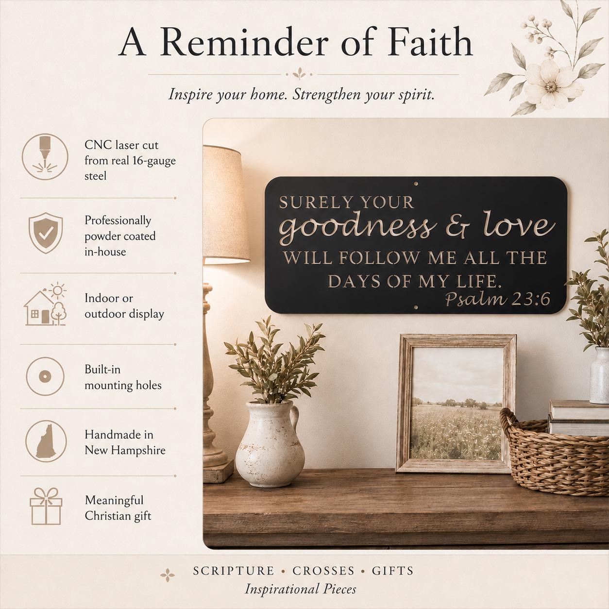 A decorative wall sign with the phrase 'SURELY YOUR goodness & love WILL FOLLOW ME ALL THE DAYS OF MY LIFE. Psalm 23:6' shown hanging in a styled home interior.