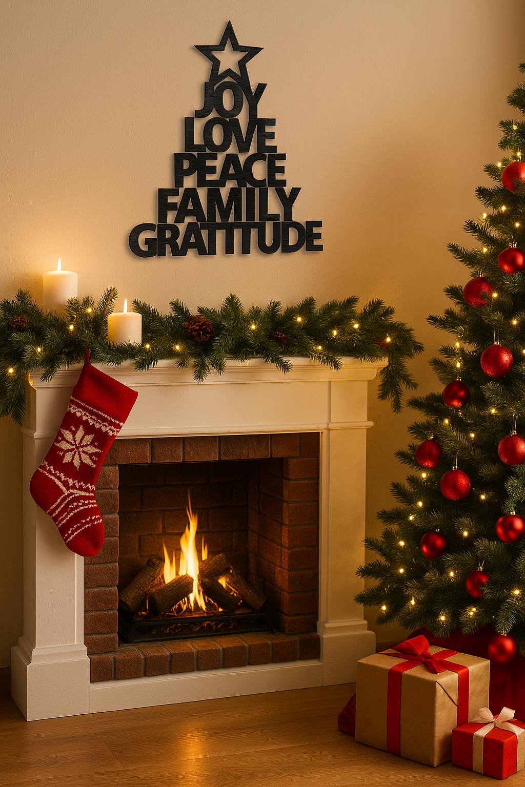 Joy Love Peace Family Gratitude Christmas Tree Metal Sign