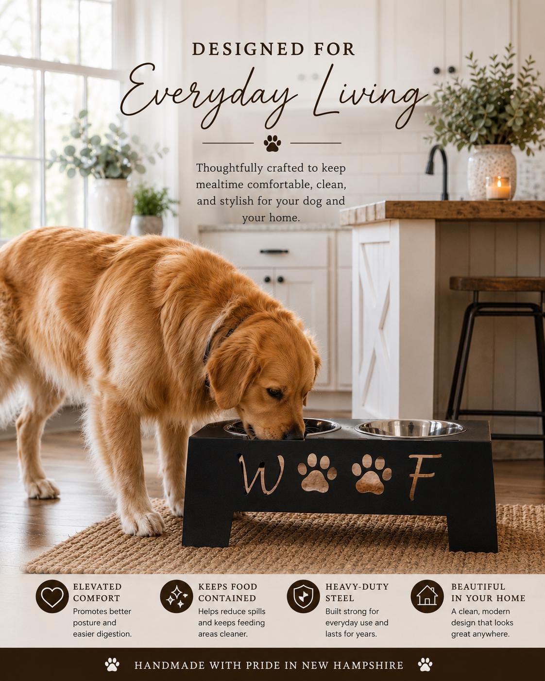 A golden retriever dog drinks from a black elevated double bowl set in a bright kitchen. The product is shown in a real home environment, making the subject type Lifestyle.