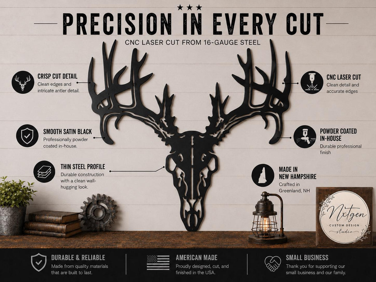 A large black metal deer skull with antlers mounted on a white wood-plank wall, surrounded by marketing callouts and logos. The text reads 'PRECISION IN EVERY CUT' and describes CNC laser cut features of the skull.