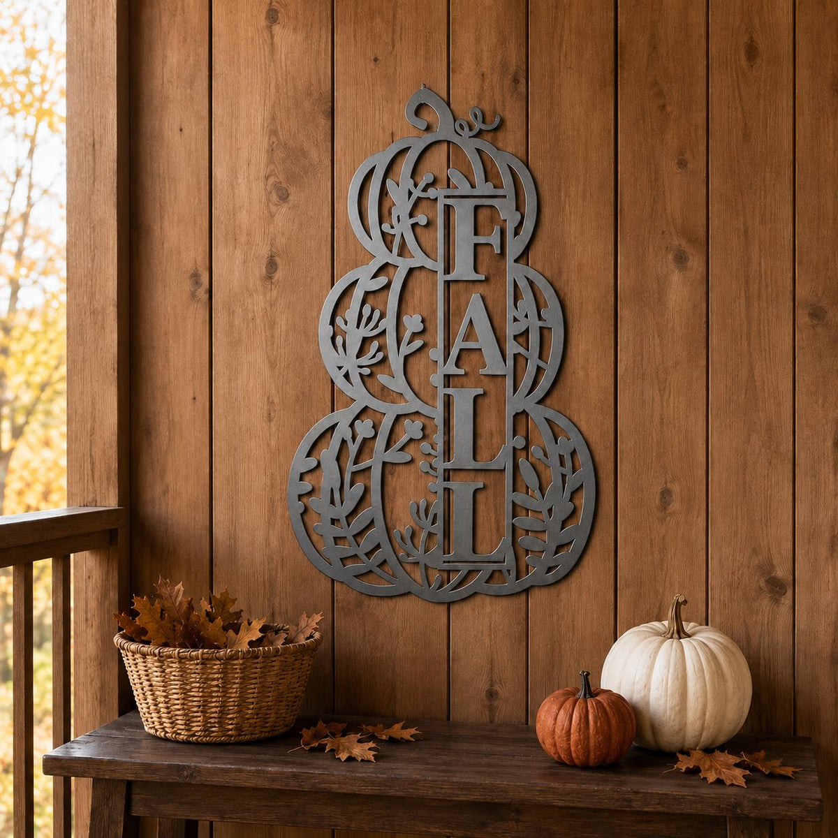 A gray metal decorative sign spelling FALL in the shape of a gourd hangs on a brown wooden porch wall above a table with pumpkins and a basket of leaves.