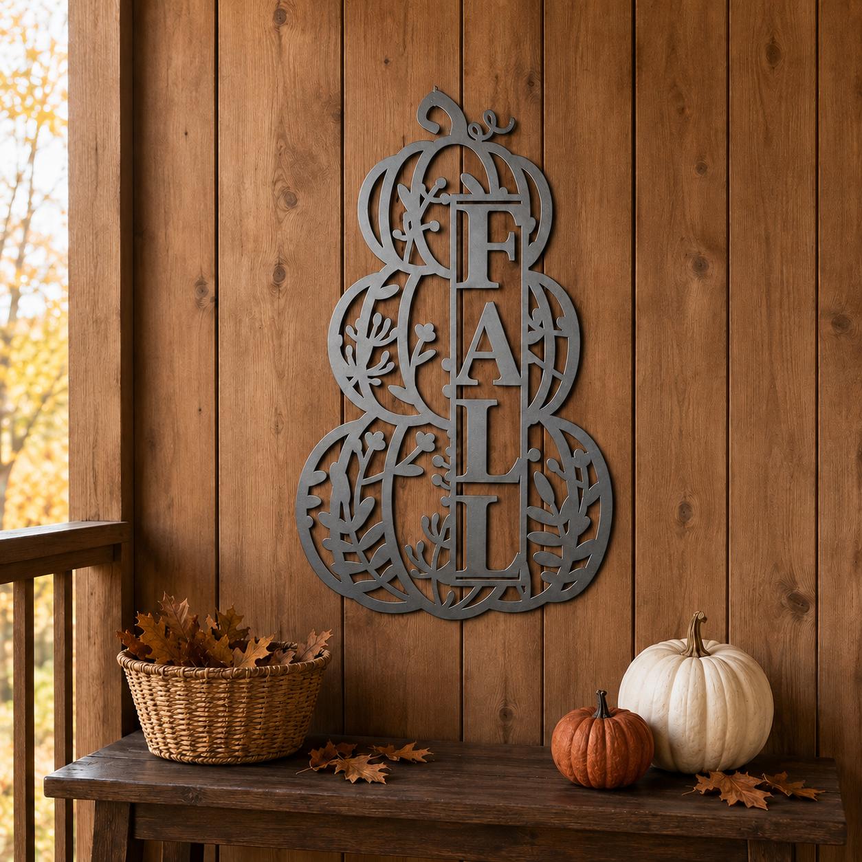 A gray metal decorative sign spelling FALL in the shape of a gourd hangs on a brown wooden porch wall above a table with pumpkins and a basket of leaves.