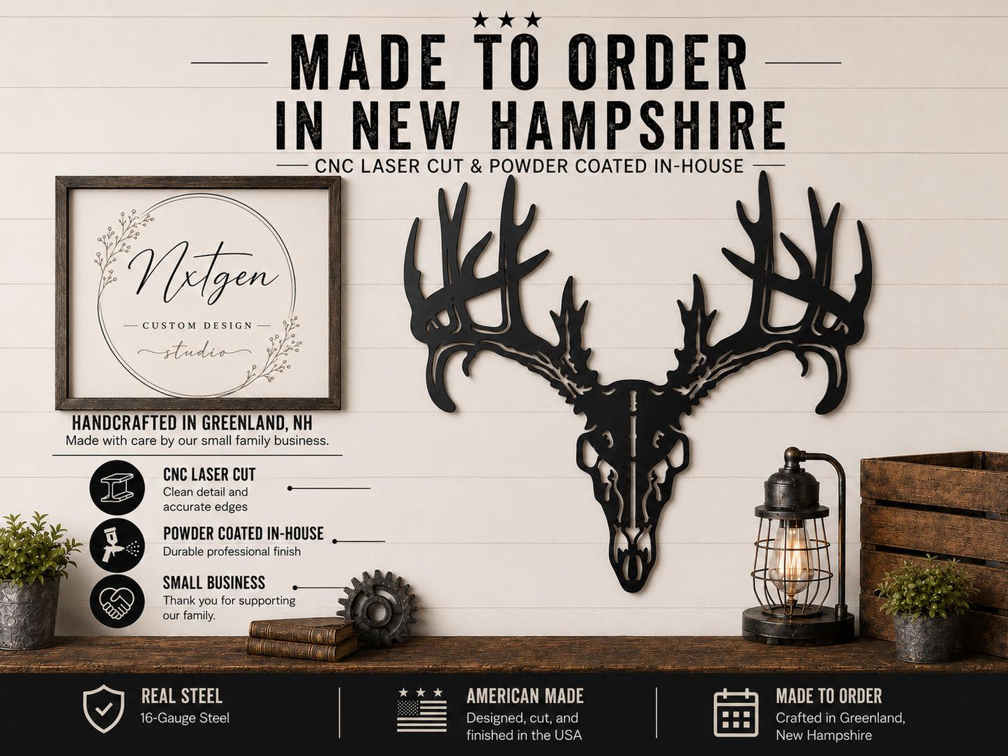 A black metal deer skull with large antlers mounted on a rustic wood wall, shown in a styled interior scene with a lantern, books, and plants. Large text at the top reads 'MADE TO ORDER IN NEW HAMPSHIRE' and the logo on the left says 'Nixten Custom Design Studio.