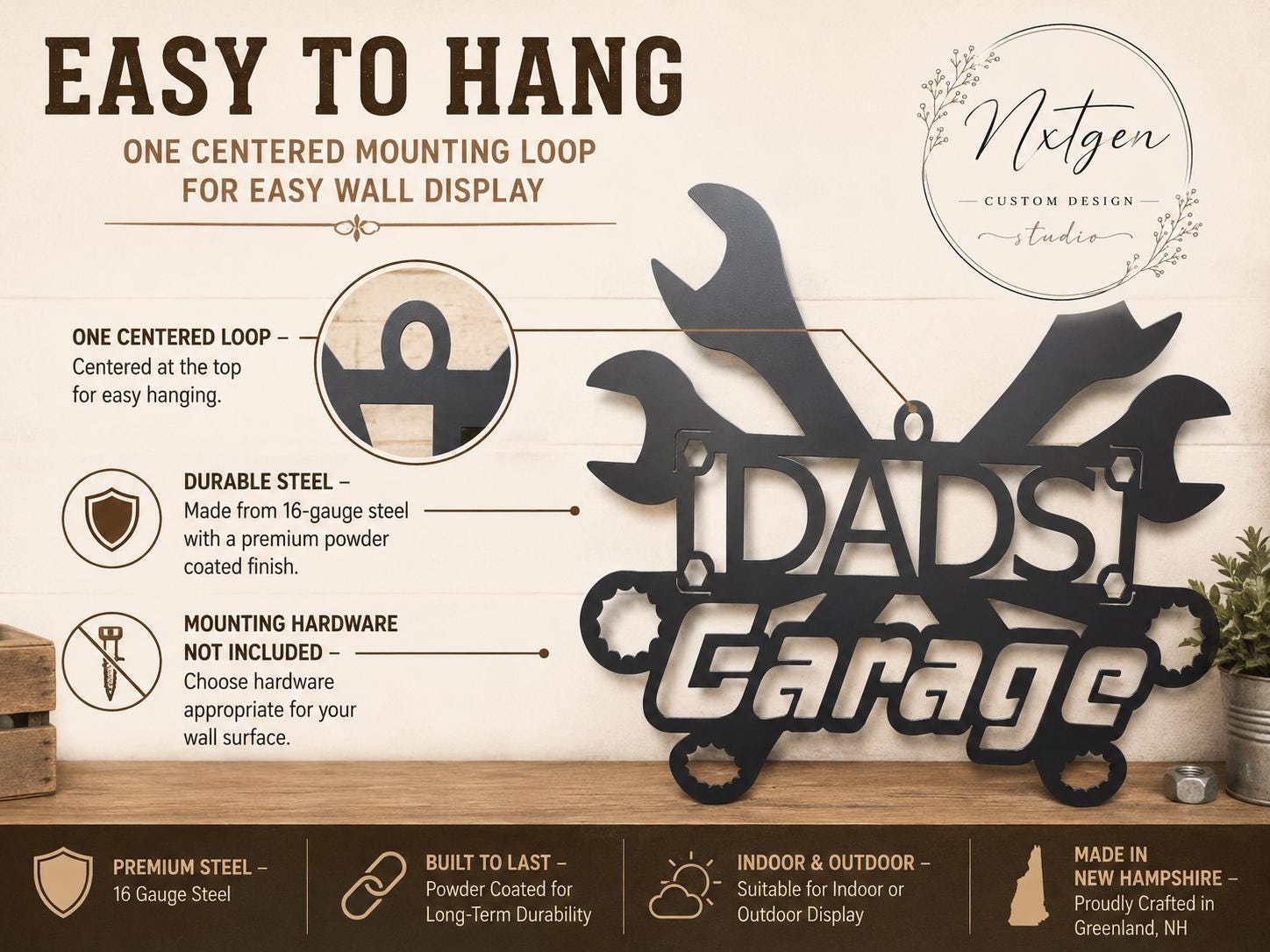 A decorative metal wall sign reading 'DAD'S Garage' with wrench and gear cutout shapes, shown on a styled wood background with informational text and a Nexgen Custom Design Studio logo.