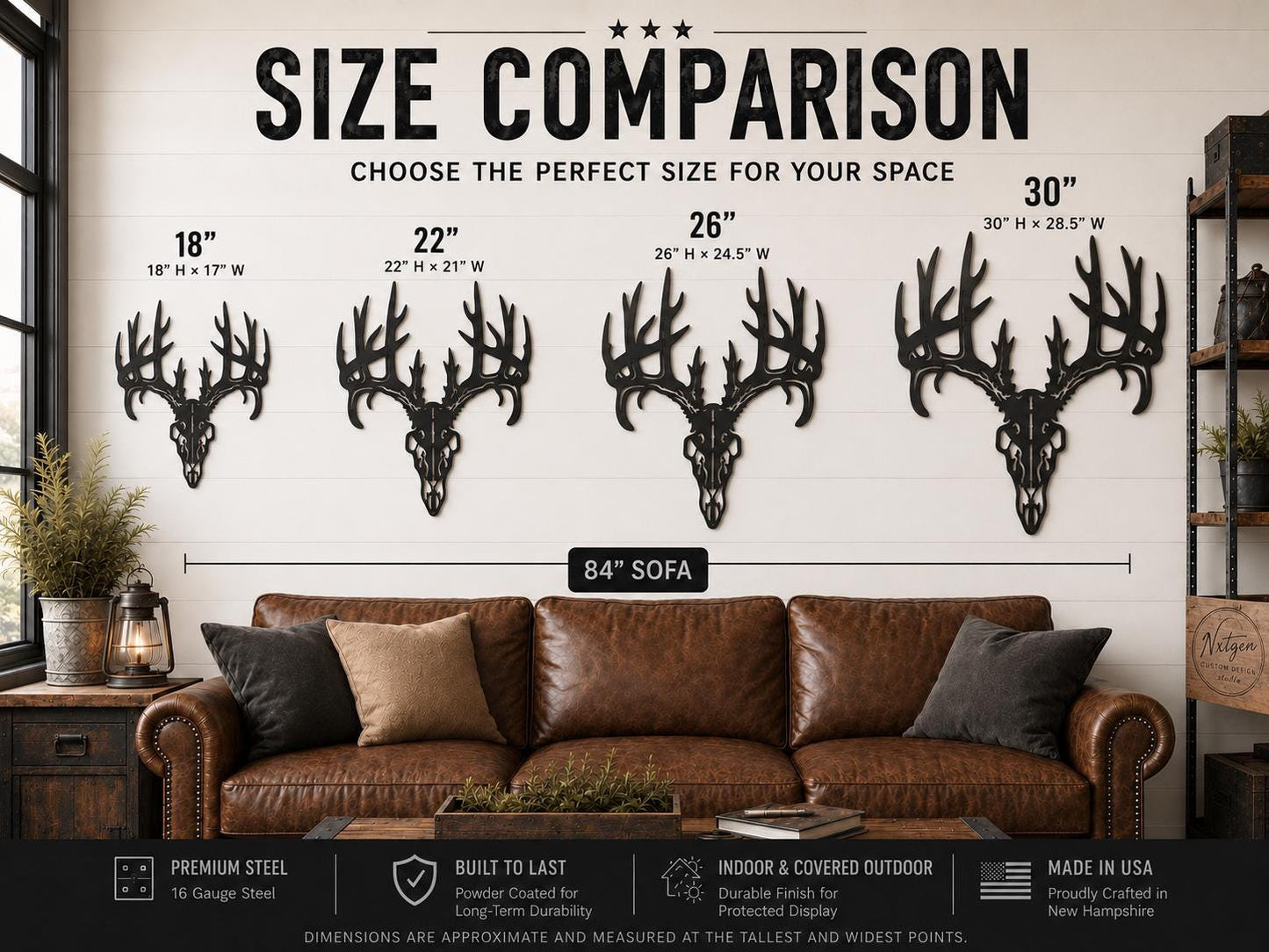 A size comparison chart for wall-mounted deer antler head sculptures, shown installed above a brown sofa in a living room. The graphic displays four sizes labeled 18", 22", 26", and 30" with dimensions and a note reading 84" sofa.
