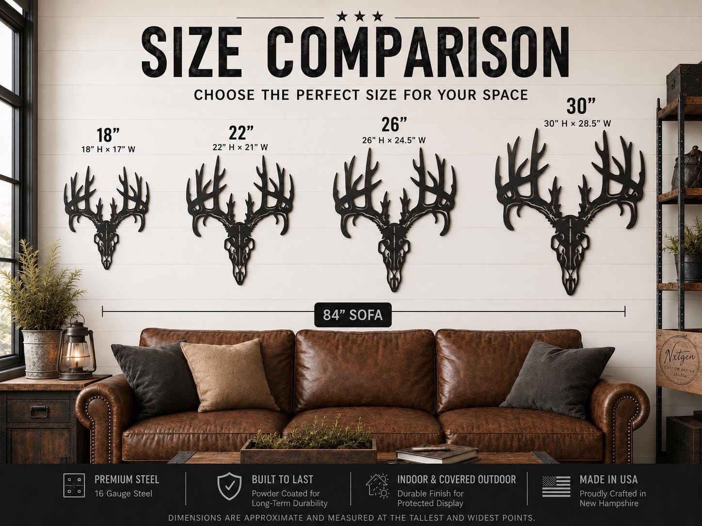 A size comparison chart for wall-mounted deer antler head sculptures, shown installed above a brown sofa in a living room. The graphic displays four sizes labeled 18", 22", 26", and 30" with dimensions and a note reading 84" sofa.