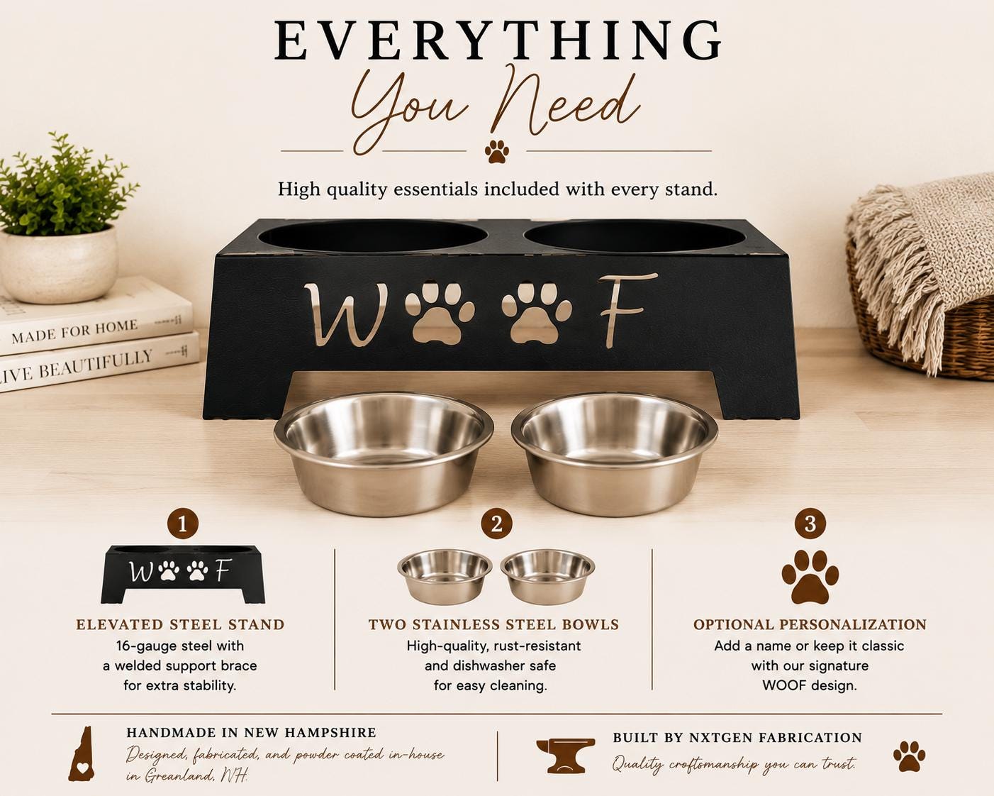 A promotional product graphic for a black elevated pet feeder and dish stand set with two stainless steel bowls. The image includes the text 'EVERYTHING You Need' and feature callouts showing the welded stand, two bowls, and optional personalization with paw prints.