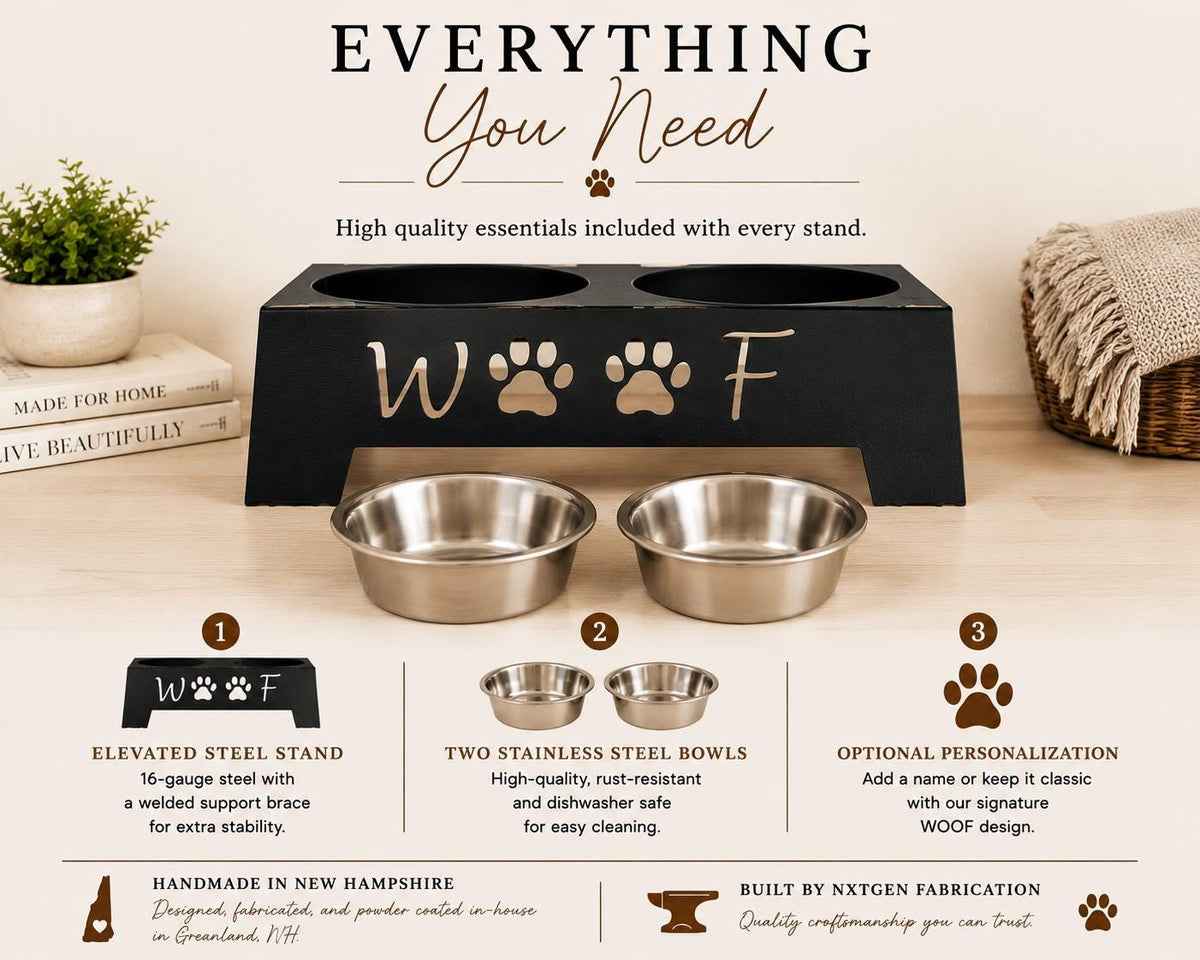 A promotional product graphic for a black elevated pet feeder and dish stand set with two stainless steel bowls. The image includes the text 'EVERYTHING You Need' and feature callouts showing the welded stand, two bowls, and optional personalization with paw prints.