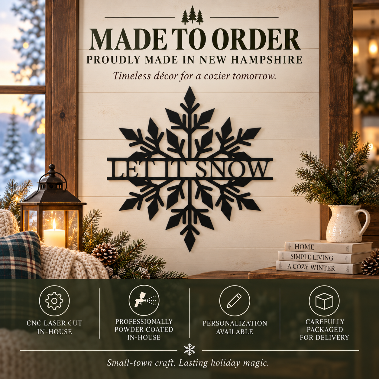 A decorative wall sign reading “LET IT SNOW” in a black metal cutout style, mounted on a light wood plank wall. The scene is styled for holiday decor with a lantern, candles, books, pine branches, and a mug.