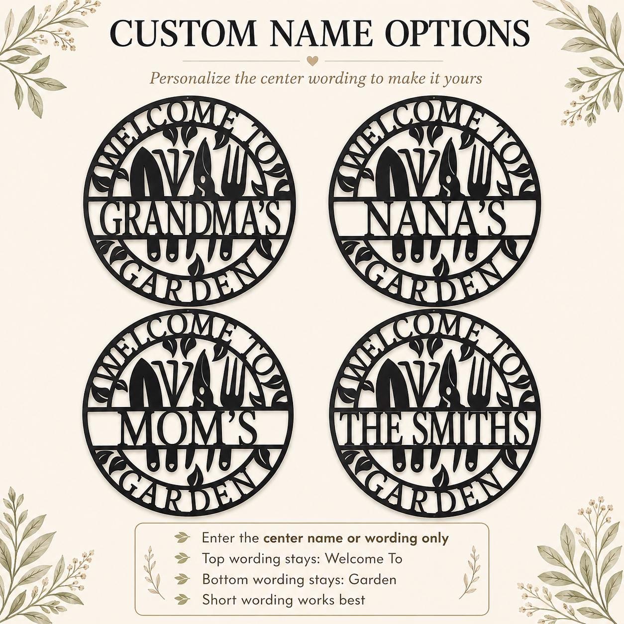 A digital template showing four circular laser-cut style garden sign designs with customizable text options for 'Grandma's', 'Nana's', 'Mom's', and 'The Smith's' garden. The image features a beige background with decorative leaf borders and instructions at the bottom.