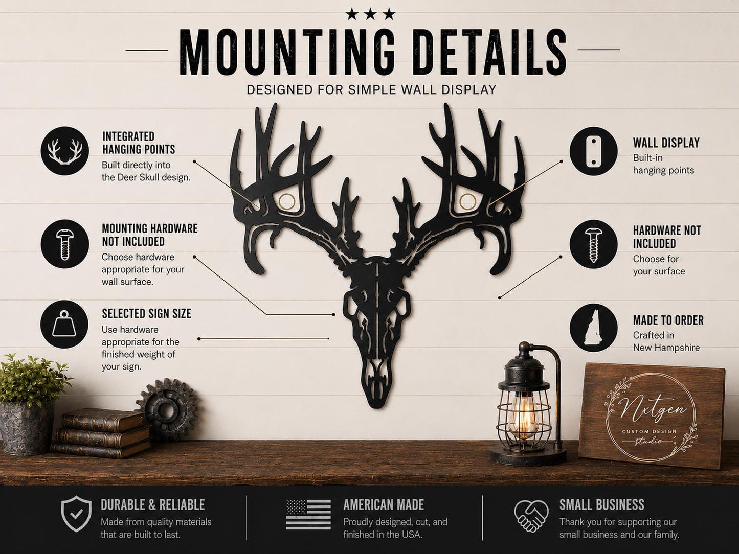 An informational graphic titled 'MOUNTING DETAILS' showing a black deer skull wall sign with antlers mounted on a beige wall. The image includes callout text and icons explaining wall display, mounting hardware not included, and other product details, with a small lantern and decor on a tabletop below.
