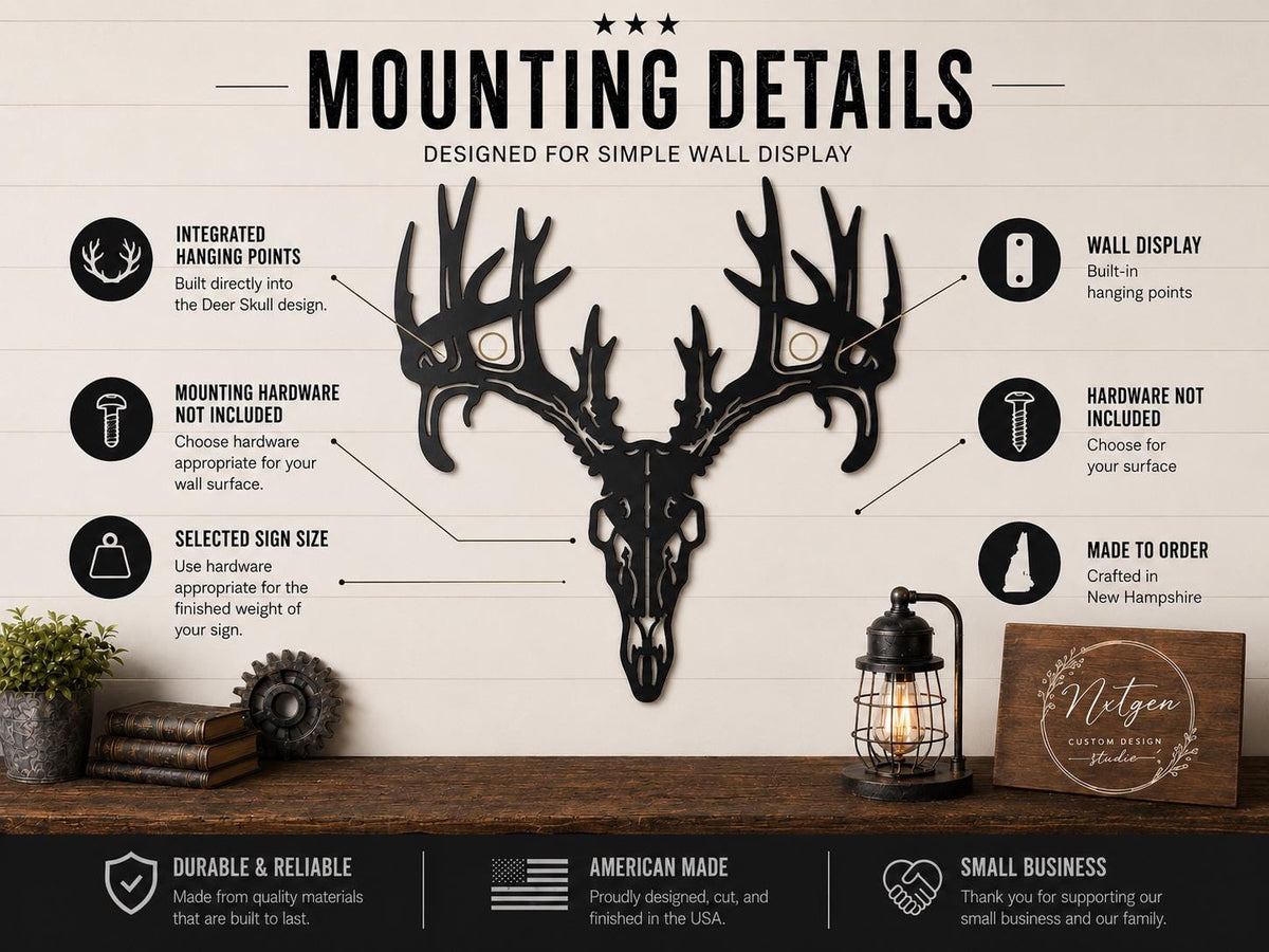 An informational graphic titled 'MOUNTING DETAILS' showing a black deer skull wall sign with antlers mounted on a beige wall. The image includes callout text and icons explaining wall display, mounting hardware not included, and other product details, with a small lantern and decor on a tabletop below.