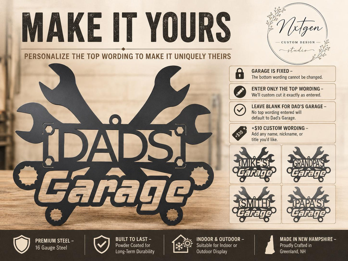 Custom steel sign design preview for 'Dads Garage' with editable text options, shown on a rustic wood background. The main product is a black metal sign with wrench and gear cutouts, alongside several sample personalized variations and a Nitgen Custom Design Studio logo.