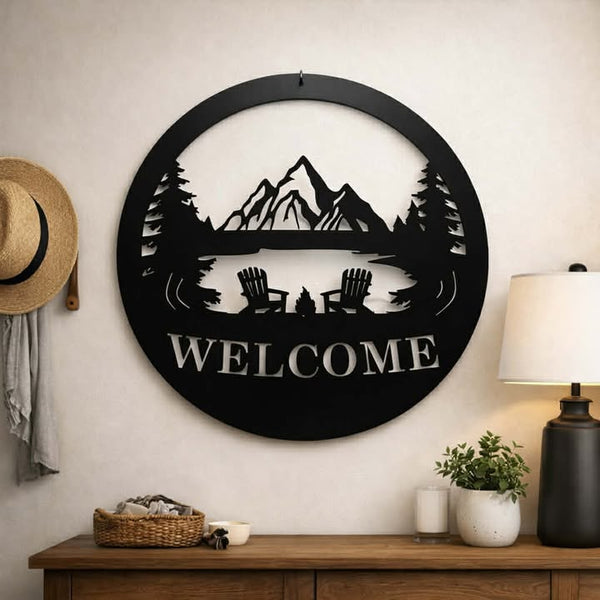 Welcome Mountain Lake Round Metal Sign