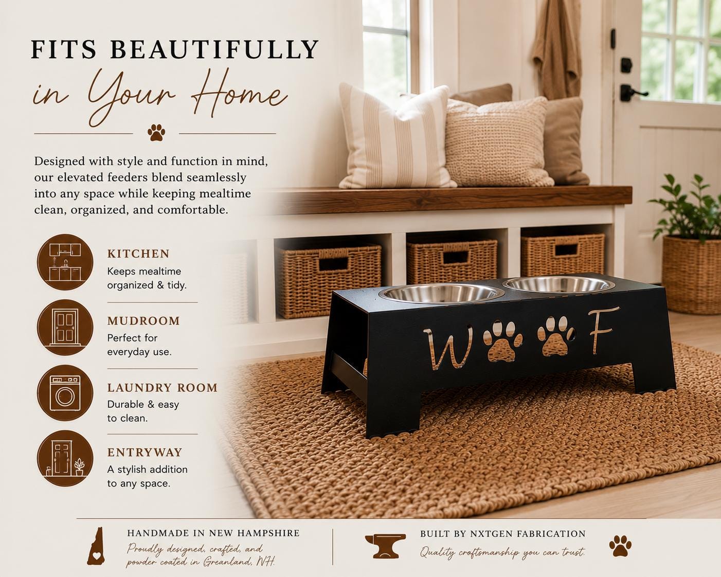 A black elevated double pet feeder with stainless steel bowls, shown in a styled home interior. The feeder has custom lettering and paw prints on the front.