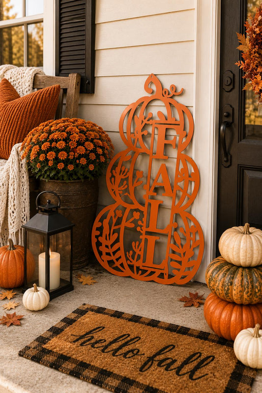 An orange metal fall letter sign shaped like stacked pumpkins leans against a beige house exterior on a decorated front porch. The scene includes pumpkins, a black lantern, a flower pot, a plaid doormat reading 'hello fall,' and autumn decor.