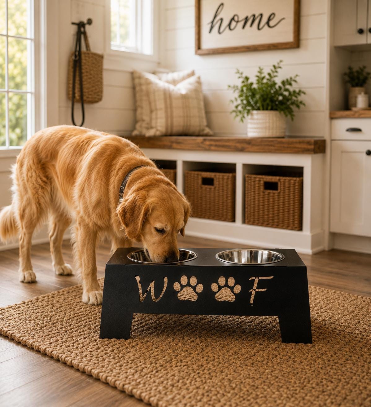Golden retriever using a personalized black elevated steel dog bowl stand