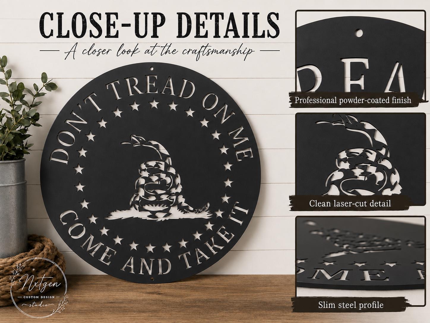 Close-up details of the powder-coated Don’t Tread On Me steel sign
