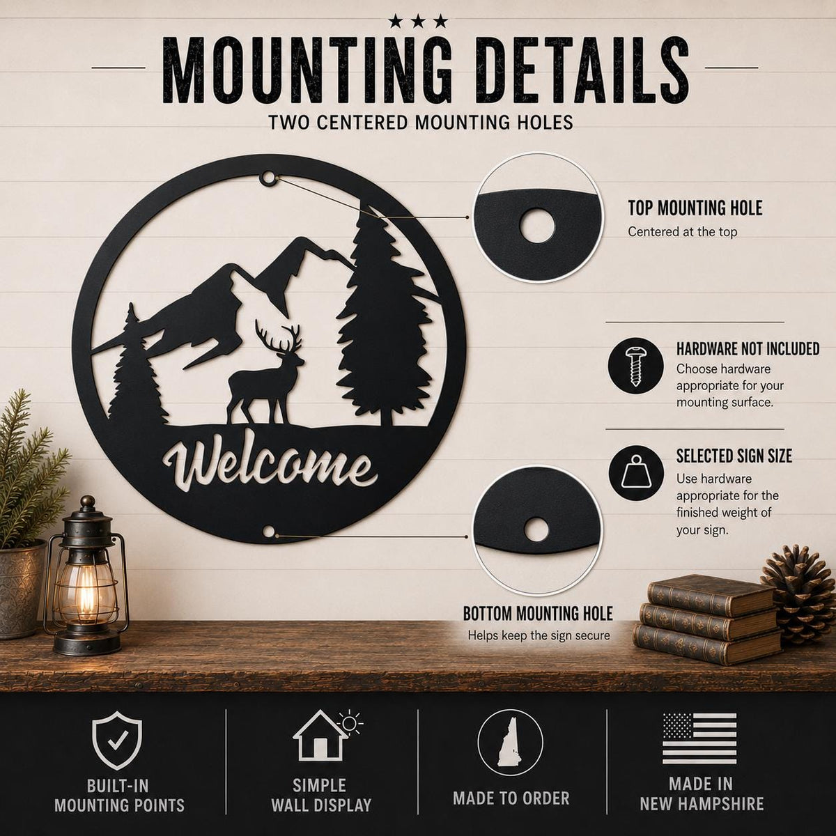 A black metal welcome sign with a mountain, pine tree, deer, and the word 'Welcome' cut out in the center, shown on a styled wall with mounting detail callouts and feature icons. The sign is displayed above a wooden shelf with a lantern, books, and a pinecone.