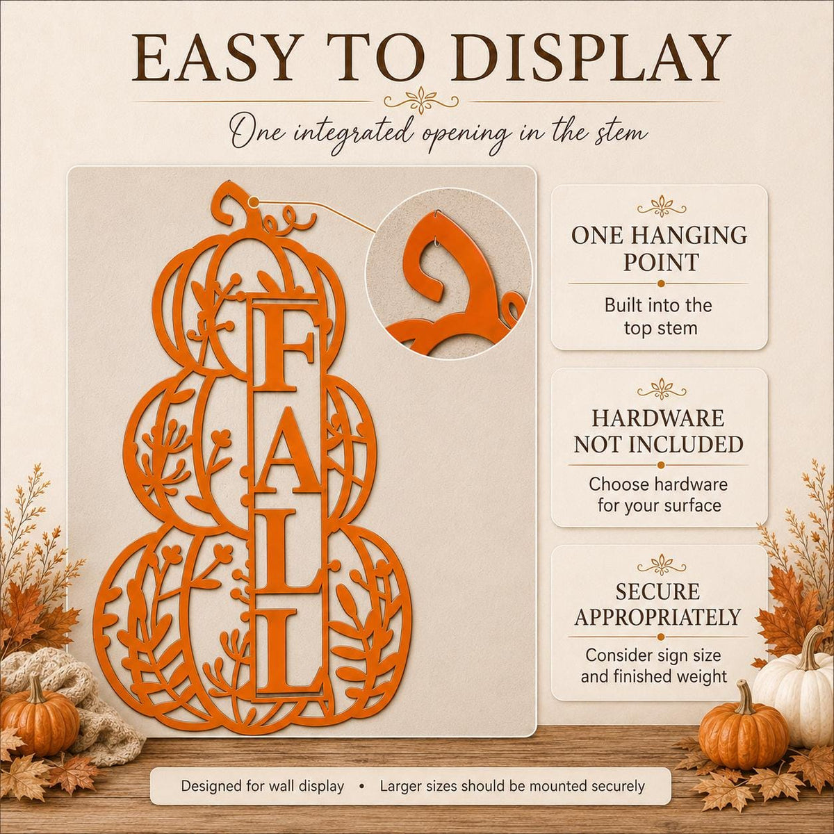 An orange laser-cut decorative sign featuring the word 'FALL' integrated into stacked pumpkins, shown on a beige promotional graphic with autumn leaves, pumpkins, and text callouts about display and hardware.