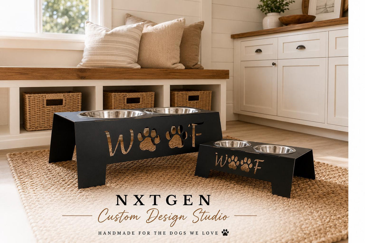 Two black elevated pet feeding stations with stainless steel bowls are shown in a bright, neutral-toned home interior. One station is larger and has a gold paw print and the letters 'W' and 'F' on the front, while the smaller matching station sits beside it.
