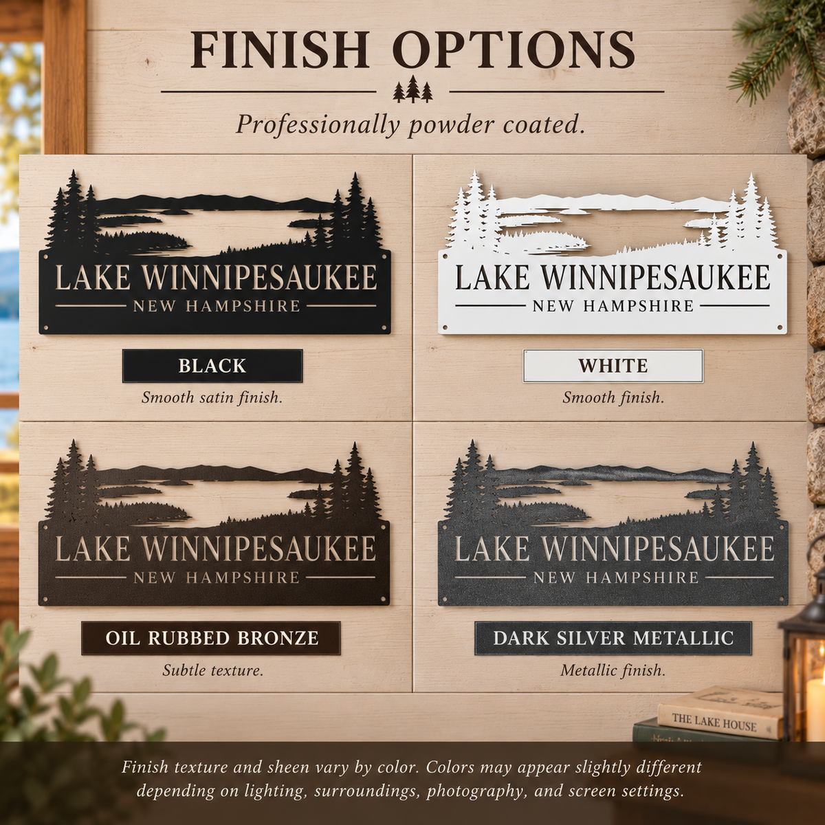 A finish-options graphic for Lake Winnipesaukee New Hampshire metal signs, showing four color variants: black satin finish, white smooth finish, oil rubbed bronze, and dark silver metallic. The signs feature a mountain and pine tree silhouette with the text 'LAKE WINIPESAUKEE NEW HAMPSHIRE'.