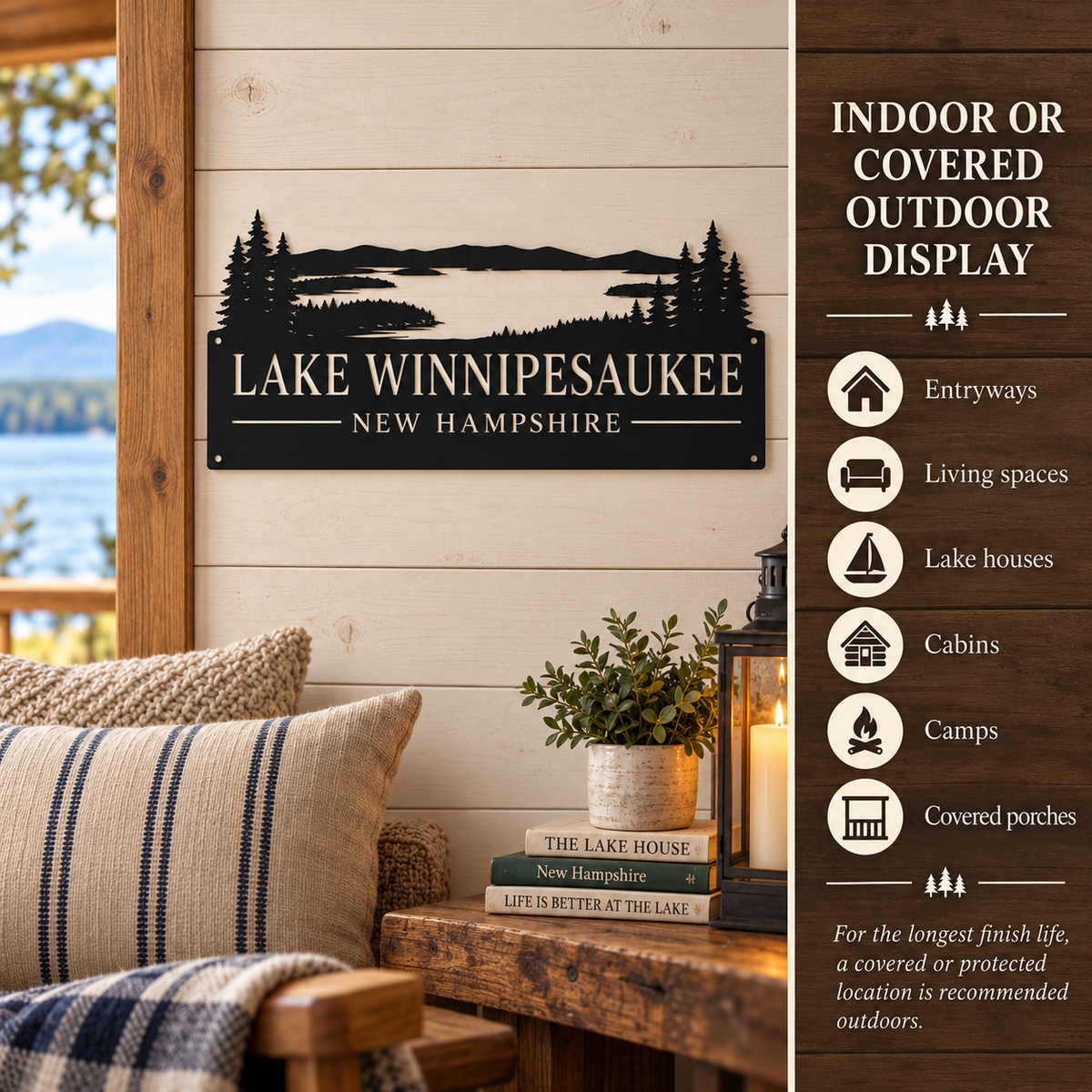 A black metal sign featuring a scenic silhouette of Lake Winnipesaukee and pine trees, mounted on a white wood-paneled wall in a rustic porch setting. A vertical informational panel on the right lists use cases such as entryways, living spaces, lake houses, cabins, camps, and covered porches.
