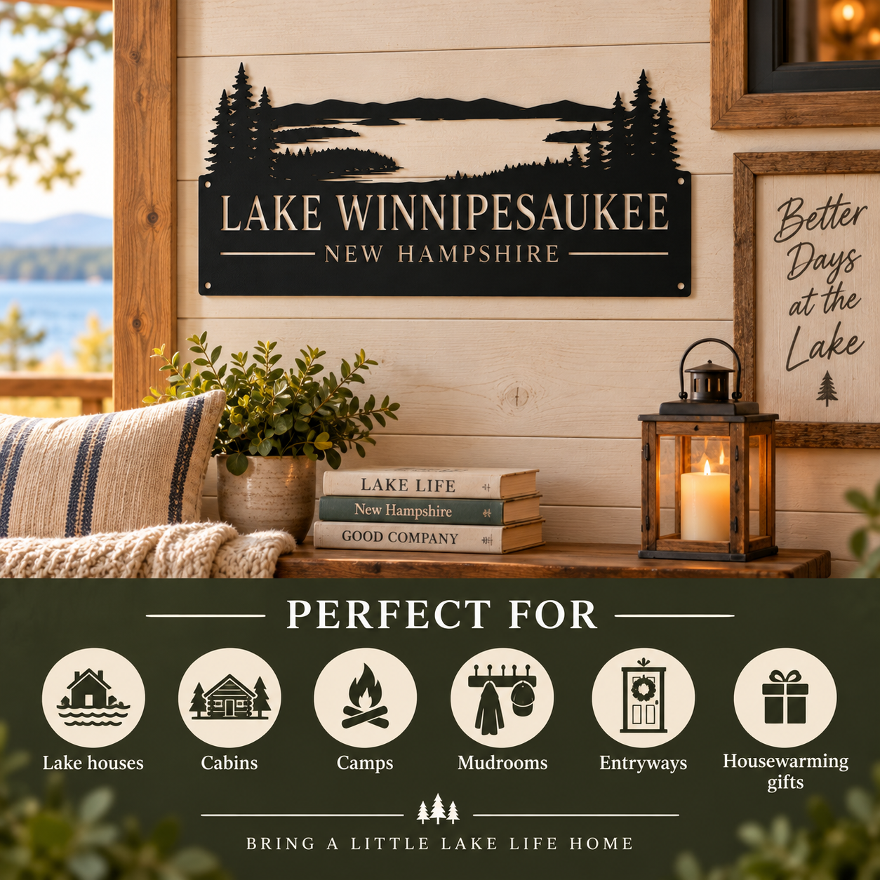 A rustic metal wall sign reading “LAKE WINNESPAUKEE NEW HAMPSHIRE” with a black lake-and-mountain silhouette design, displayed on a wood-paneled wall above a table with books, a candle lantern, and a pillow. A banner at the bottom says “PERFECT FOR” with icons for lake houses, cabins, camps, mudrooms, entryways, and housewarming gifts.