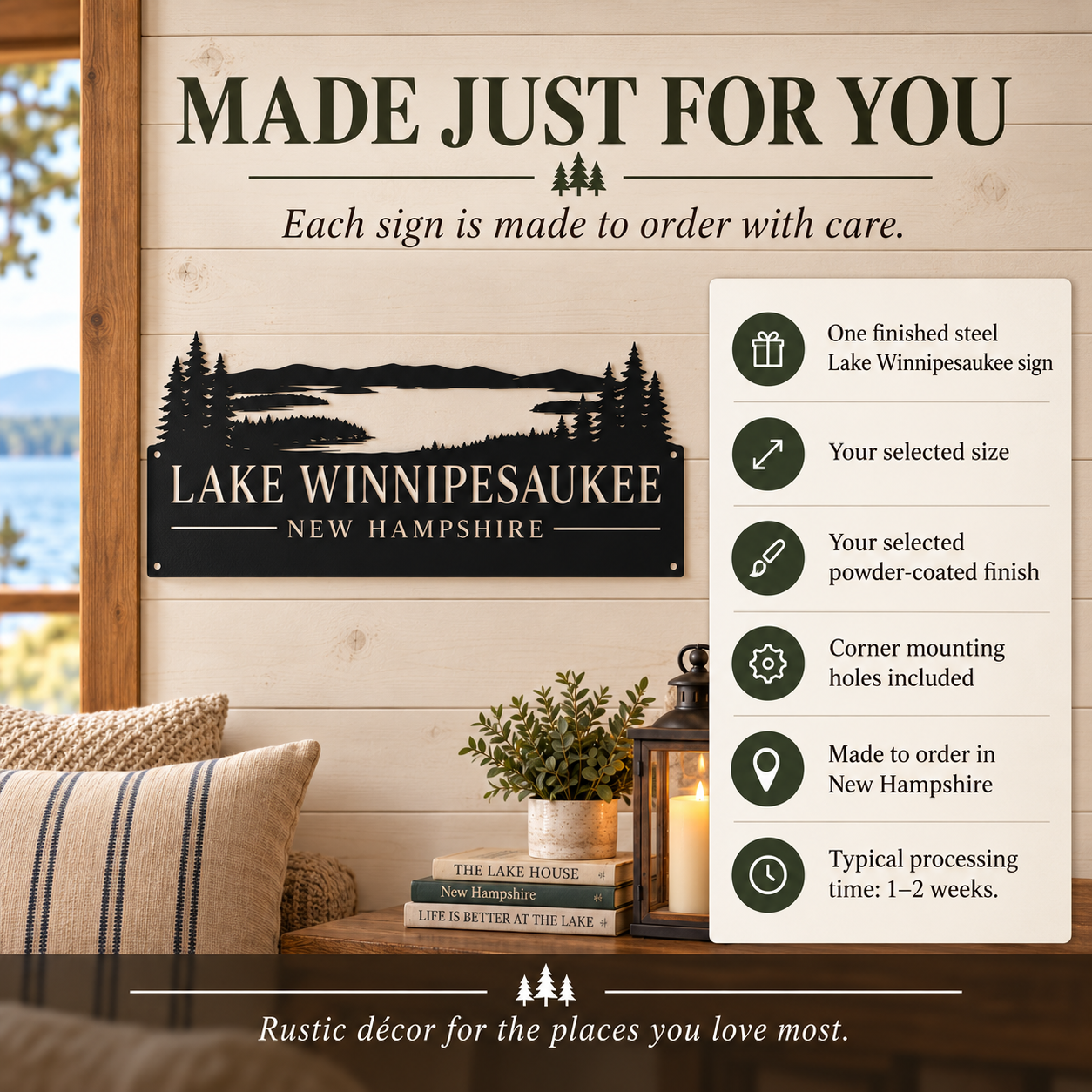 A rustic metal sign featuring a scenic Lake Winnipesaukee landscape and the text 'LAKE WINNESAUKEE NEW HAMPSHIRE' mounted on a light wood wall. The image includes promotional text reading 'MADE JUST FOR YOU' and a side panel with feature callouts, plus a styled interior scene with pillows, books, and a lantern.