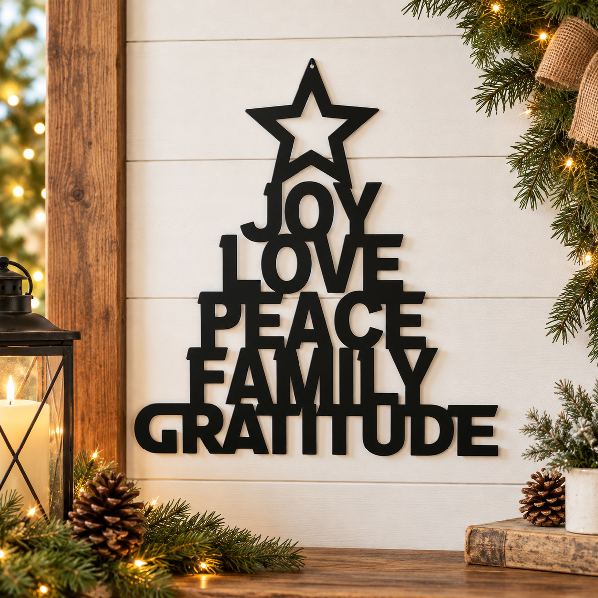 Black metal wall art shaped like a Christmas tree with the words 'JOY LOVE PEACE FAMILY GRATITUDE' in layered cutout letters beneath a star, displayed on a white shiplap wall with holiday greenery, pinecones, and warm string lights around it.