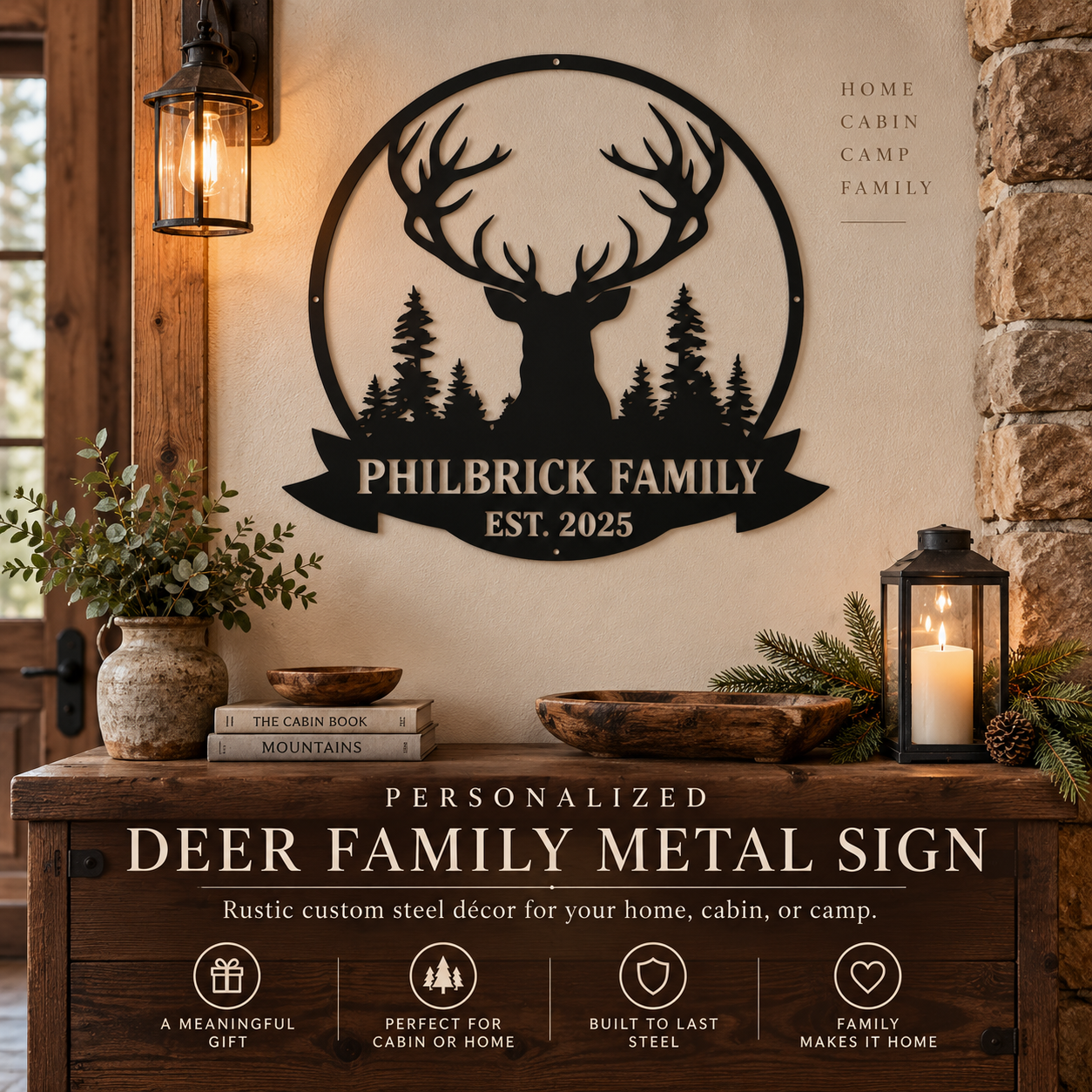 Personalized deer metal wall sign mounted on a rustic wall above a wooden cabinet, featuring a large antlered deer silhouette, pine trees, and the text 'PHILBRICK FAMILY EST. 2025.