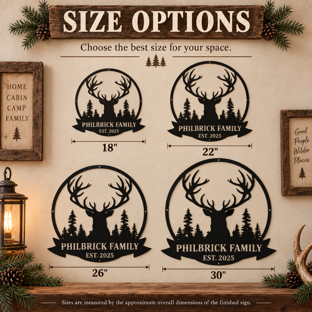 A size options chart for a circular deer silhouette wall sign with pine trees and the text 'PHILBRICK FAMILY EST. 2025,' showing four mounting sizes: 18 inches, 22 inches, 26 inches, and 30 inches.