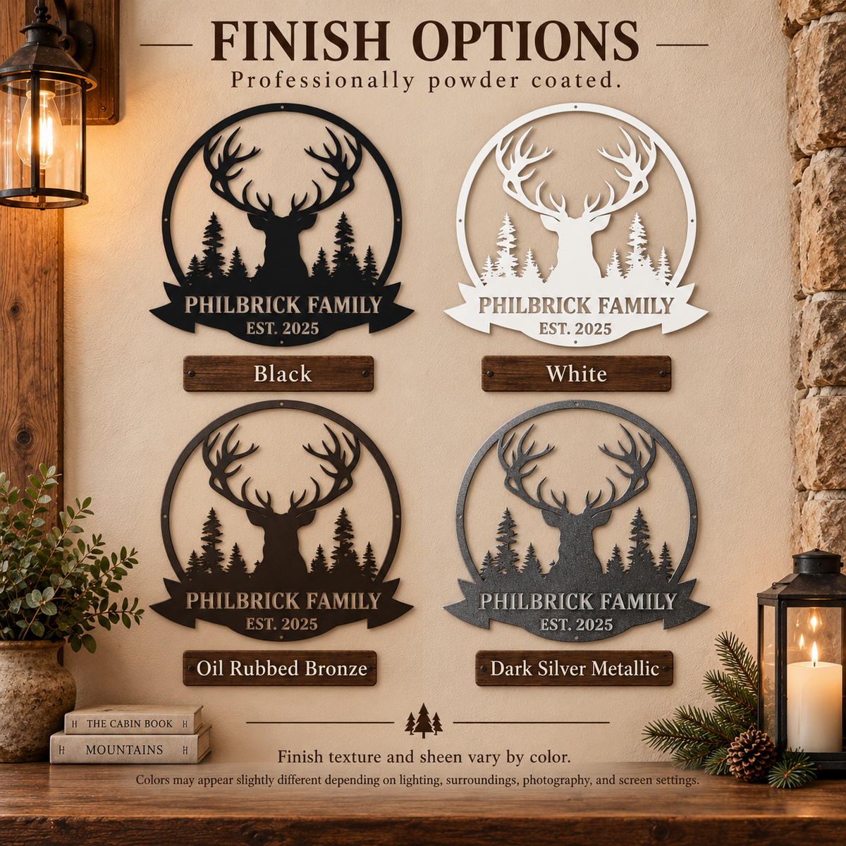 Four finish options for a custom deer silhouette wall sign are displayed on a rustic beige wall. The designs include a black, white, oil-rubbed bronze, and dark silver metallic version, all featuring a stag and pine tree silhouette with the text 'PHILBRICK FAMILY EST.