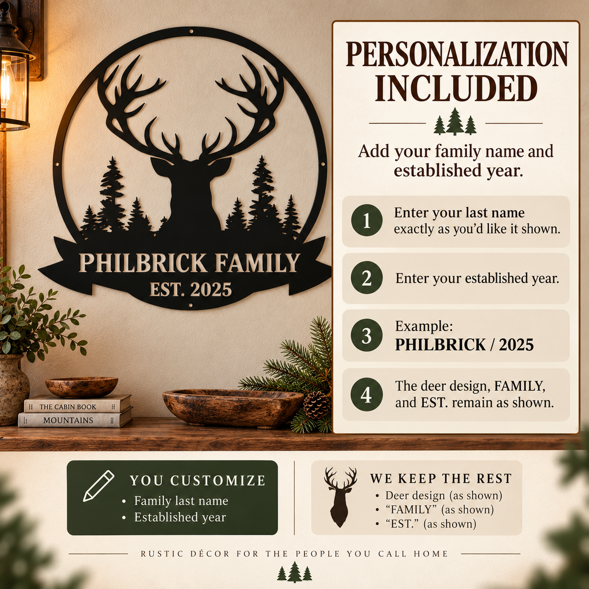 A personalized wooden wall sign with a large deer silhouette and pine trees, featuring the text 'PHILBRICK FAMILY EST. 2025' on a shelf.
