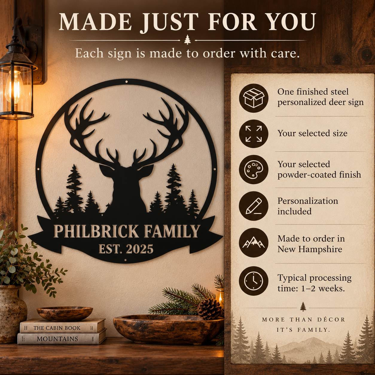 A personalized steel sign featuring a deer silhouette and pine trees with the text 'PHILBRICK FAMILY EST. 2025' mounted on a wall in a rustic room.