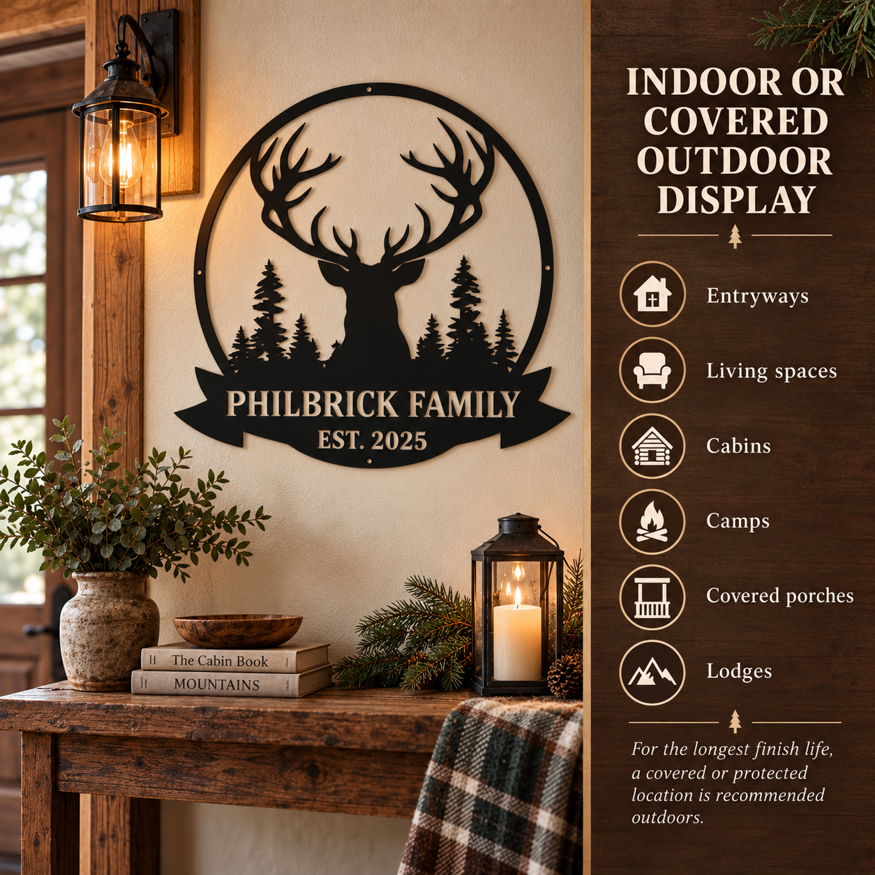A black metal deer silhouette wall sign with the text 'PHILBRICK FAMILY EST. 2025' displayed on a beige wall in a rustic interior setting.