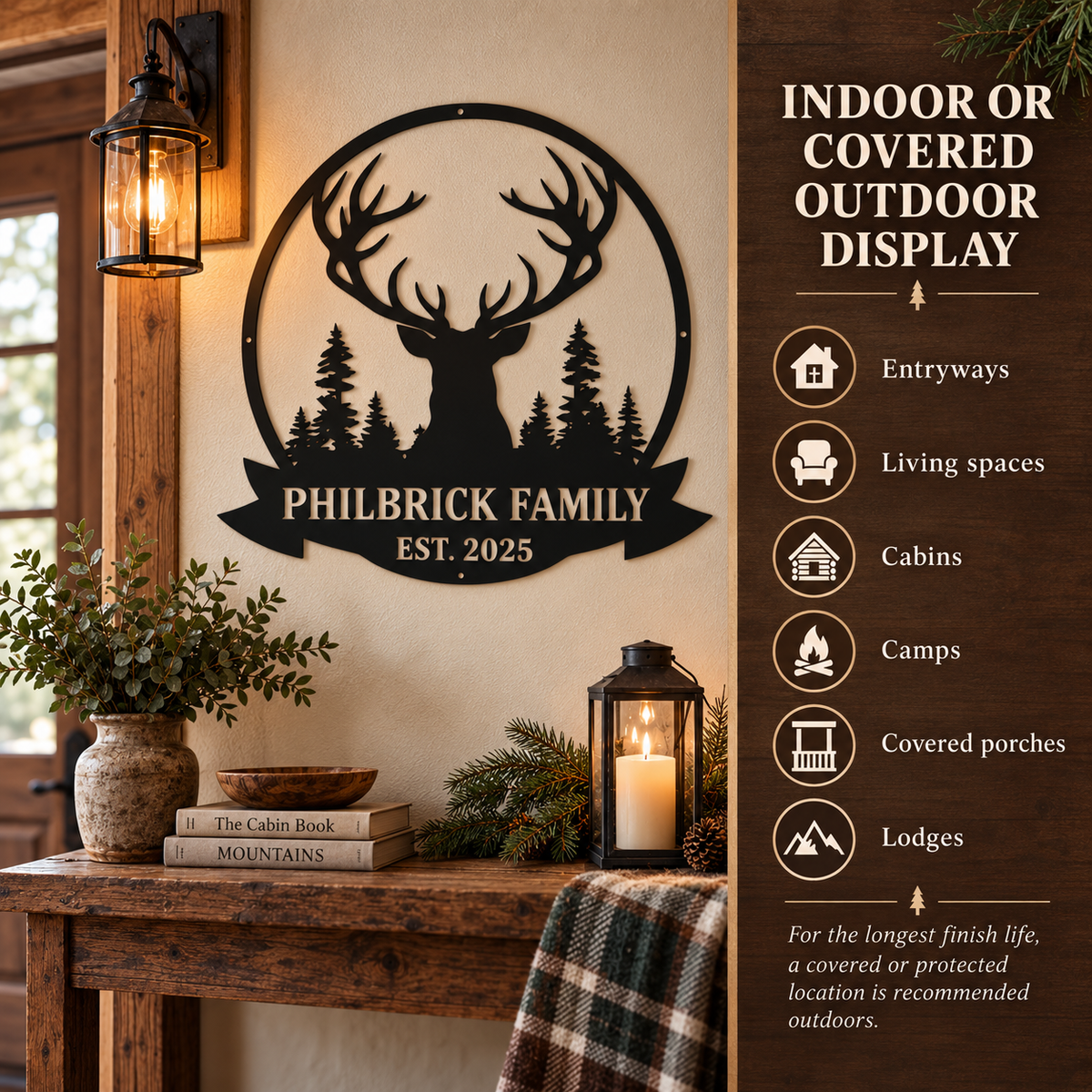 A black metal deer silhouette wall sign with the text 'PHILBRICK FAMILY EST. 2025' displayed on a beige wall in a rustic interior setting.