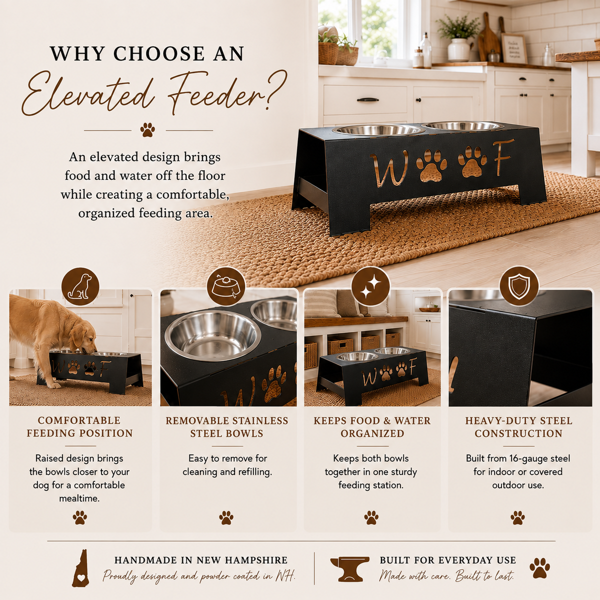 Elevated steel dog bowl stand features and included stainless steel bowls