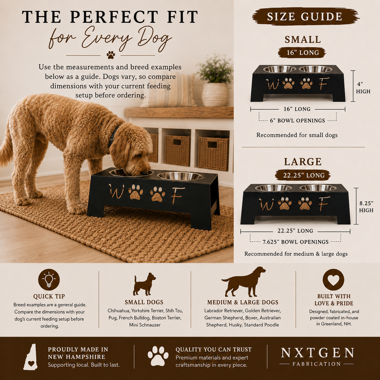 Small and Large elevated dog bowl stand size guide with measurements