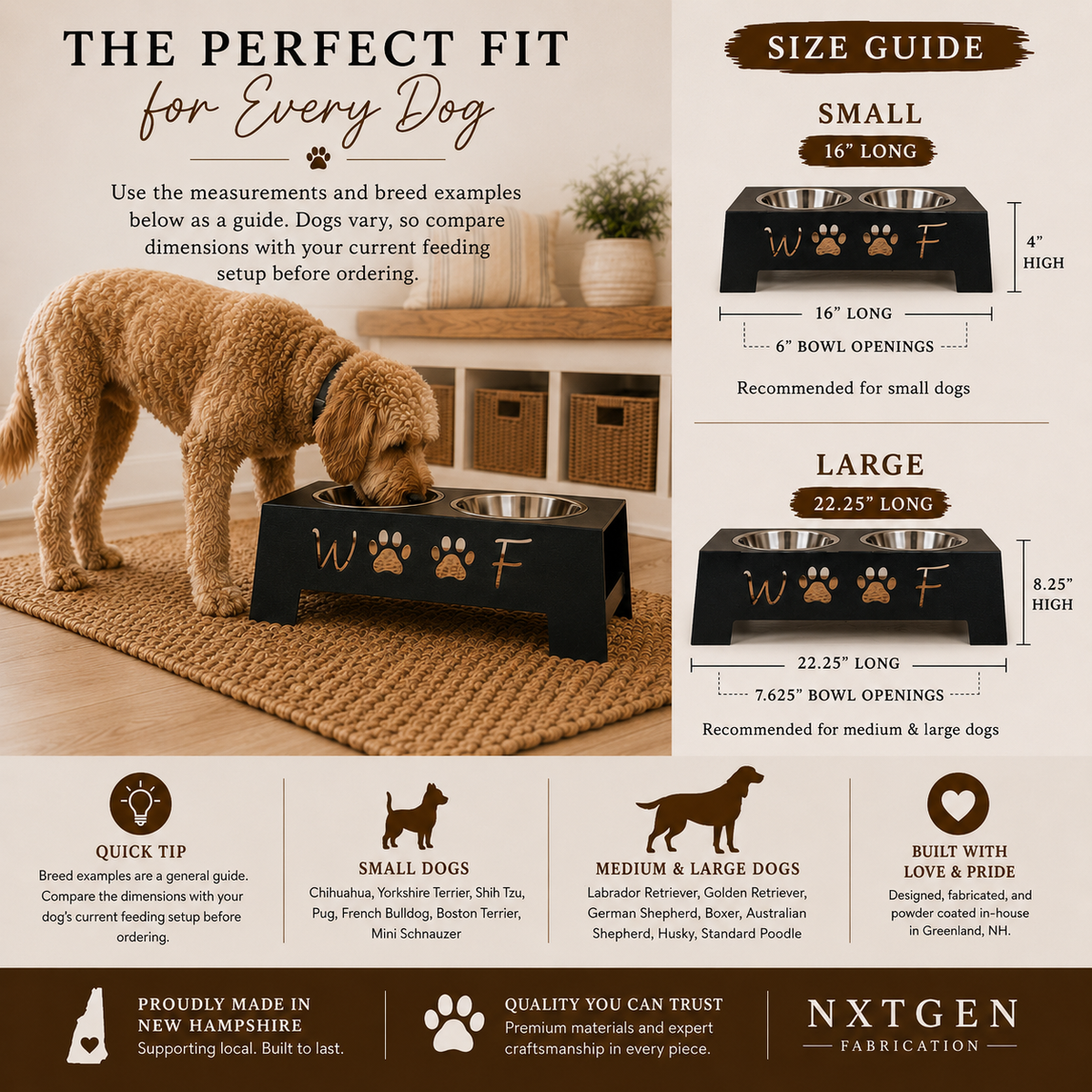 Small and Large elevated dog bowl stand size guide with measurements