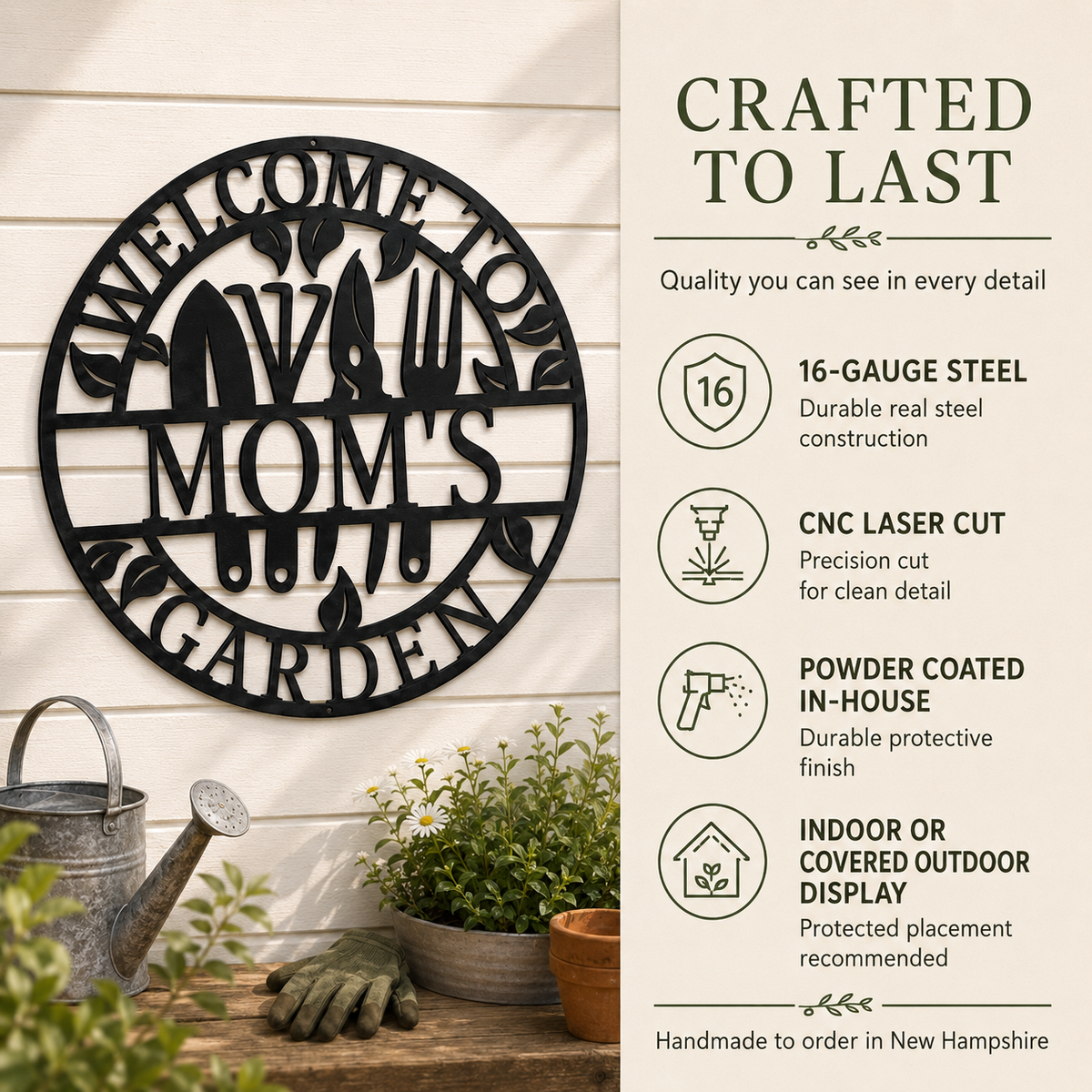 Black metal 'Welcome to Mom's Garden' wall sign displayed on a white shiplap wall above a wooden table with gardening tools and plants, next to a text panel detailing product features.
