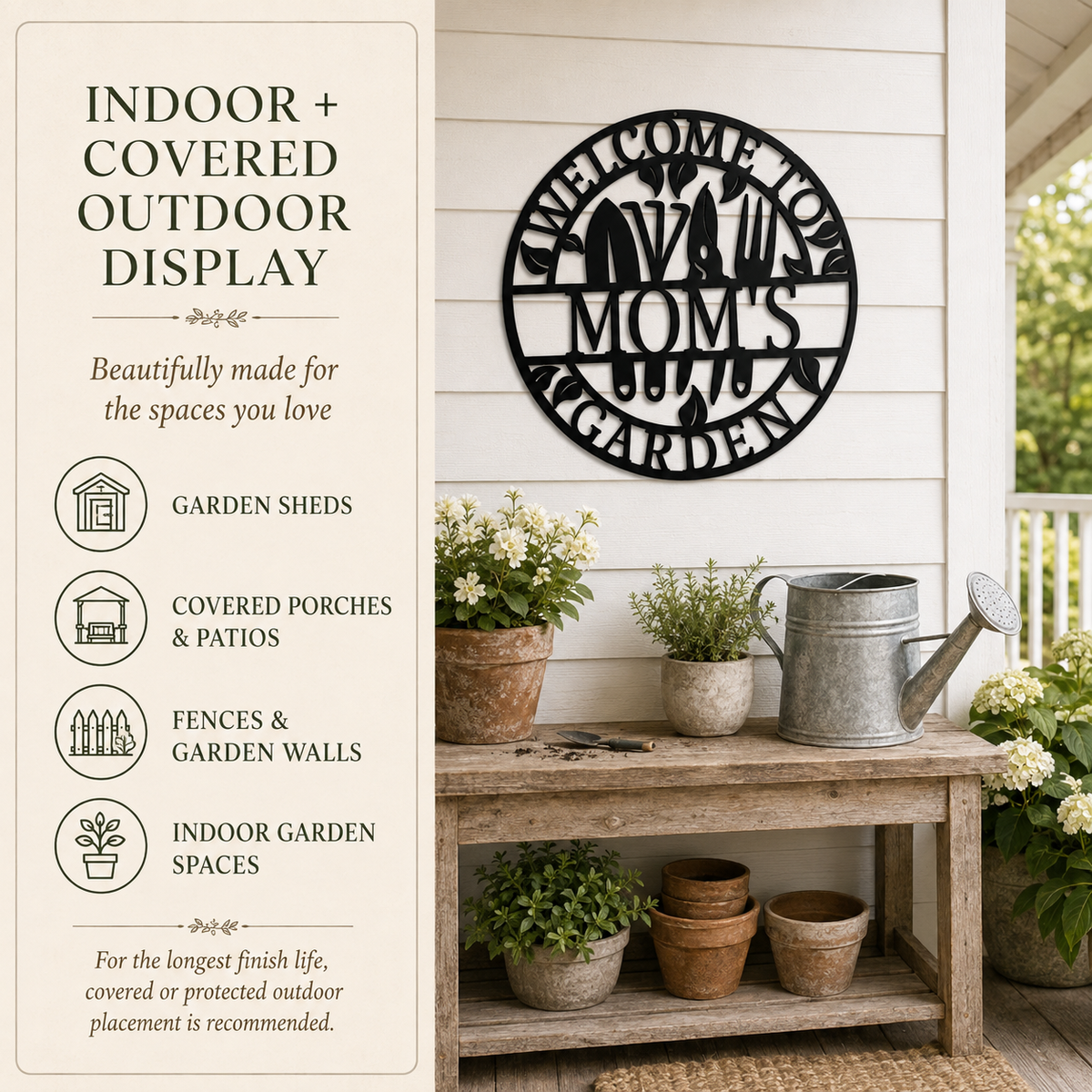 A decorative circular metal sign reading 'Welcome to Mom's Garden' displayed on a white siding wall beside a rustic wooden bench with potted plants and a galvanized watering can. The left side includes a text panel describing the sign as an indoor + covered outdoor display.