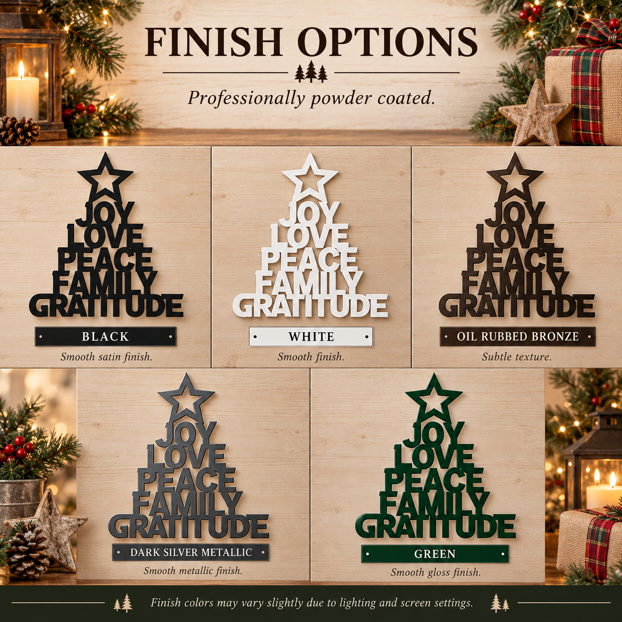 Joy Love Peace Family Gratitude Christmas Tree Metal Sign