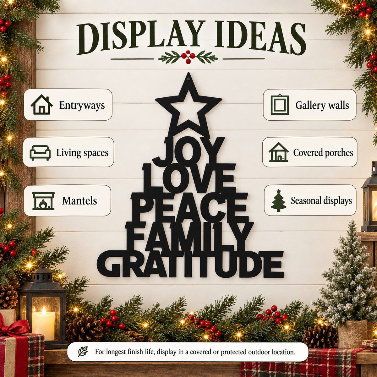 Joy Love Peace Family Gratitude Christmas Tree Metal Sign