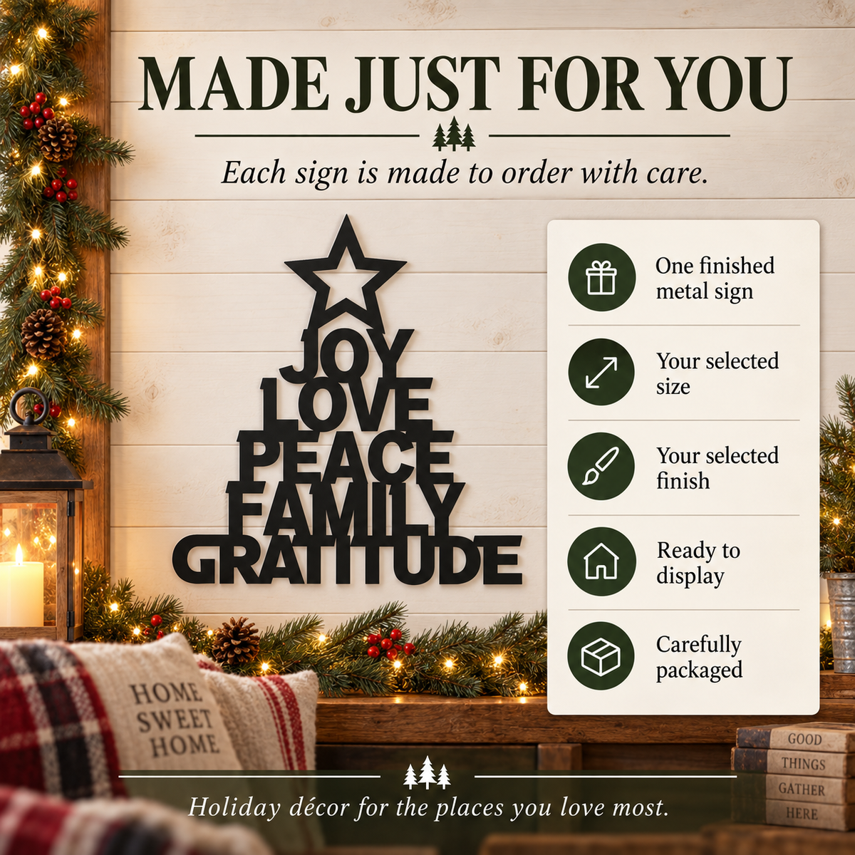 Joy Love Peace Family Gratitude Christmas Tree Metal Sign