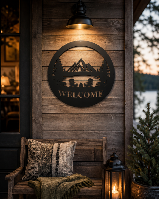 Welcome Mountain Lake Metal Sign | Rustic Cabin Wall Decor