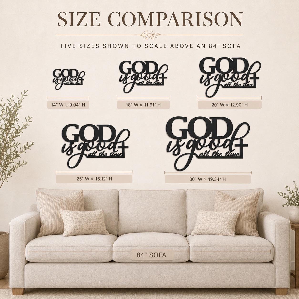 Size comparison chart showing five black 'God is good all the time' wall decals in different widths, displayed above a light beige sofa on a cream wall.